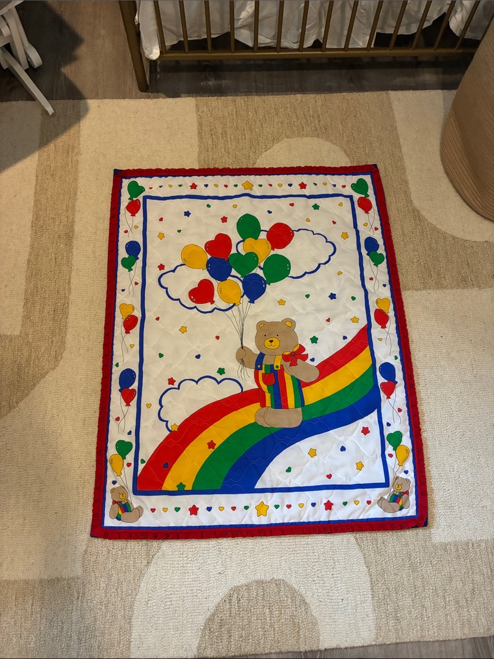90s Vintage Reversable Primary Teddy Bear Comforter Blanket